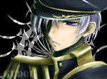  1boy :/ ayanami_(07-ghost) black_background hat kudou_(wil0830s) male_focus military military_hat military_uniform purple_eyes solo uniform white_hair 