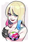  1girl blonde_hair bra breasts cleavage dc_comics harley_quinn lipstick makeup multicolored_hair solo 