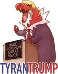  2016 blonde_hair clothing dinosaur donald_trump hair male meme necktie nintendo open_mouth pok&eacute;mon ry-spirit suit tyrantrum video_games 