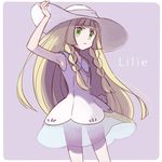  &gt;:( bangs bare_arms blonde_hair blunt_bangs braid character_name collared_dress cowboy_shot dress frown green_eyes hand_on_headwear hat lillie_(pokemon) long_hair lowres pokemon pokemon_(game) pokemon_sm sasairebun sleeveless sleeveless_dress solo sun_hat sundress twin_braids v-shaped_eyebrows white_dress white_hat 