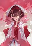  ahoge brown_hair chinese_clothes demon_girl flower fy_fei_xiao_ya hair_between_eyes hair_flower hair_ornament head_tilt highres looking_at_viewer momo_(onmyoji) oni_horns onmyoji parted_lips peach_blossom pink pink_flower pointy_ears red_eyes short_eyebrows sleeves_past_wrists solo wide_sleeves 