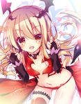  ass_visible_through_thighs bangs blonde_hair breasts brown_eyes collar dress elbow_gloves eyebrows eyebrows_visible_through_hair fang fingerless_gloves gloves granblue_fantasy hair_between_eyes hair_ornament long_hair looking_at_viewer nanamomo_rio navel paw_pose pointy_ears red_dress red_legwear revealing_clothes shingeki_no_bahamut simple_background small_breasts solo thigh_strap thighhighs vampy white_background 