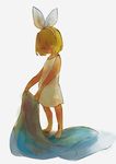  1girl alternative_costume barefoot blanket blonde_hair child dress eyes_closed female kagamine_rin no_mouth no_nose short_hair simple_background solo torla vocaloid white_background white_dress 