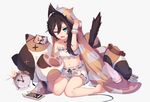  1girl alarm_clock animal_band animal_ears animal_print bare_legs barefoot bell bell_collar belt black_hair black_ribbon blanket bloomers blue_eyes book book_stack cat_ears cat_print cat_tail cellphone clock collar collar_removed crop_top hair_between_eyes hand_up heterochromia jingle_bell kai-ri-sei_million_arthur long_hair looking_at_viewer messy_hair midriff million_arthur_(series) motion_lines navel one_eye_closed open_book open_mouth paw_print phone ribbon ribbon_trim scrunchie shorts sitting solo stitches stomach stuffed_animal stuffed_cat stuffed_toy tail underwear wariza wavy_mouth white_background white_shorts wire wrist_scrunchie x2 x_x 