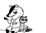  2016 anthro badger black_and_white clothed clothing disney duo english_text fan_character inkyfrog looking_at_viewer male mammal monochrome mustelid pack_street percy_vison polecat simple_background sitting t_rex_(weaver) text white_background zootopia 