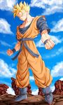  blonde_hair blue_sky clenched_hands cloud day dougi dragon_ball green_eyes highres male_focus muscle oekakizuki serious sky solo son_gohan spiked_hair super_saiyan wristband 