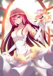  bare_shoulders bridal_veil bride dress fate/grand_order fate_(series) flower gloves highres jewelry jiuling long_hair necklace red_eyes red_hair rose scathach_(fate)_(all) scathach_(fate/grand_order) solo strapless strapless_dress veil wedding wedding_dress white_dress 