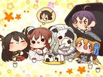  &gt;_&lt; abyssal_jellyfish_hime black_hair blonde_hair brown_hair chibi closed_eyes dress eating floral_background food glass hat kantai_collection long_hair military military_uniform multiple_girls nagato_(kantai_collection) onigiri operation_crossroads peaked_cap prinz_eugen_(kantai_collection) purple_hair sakawa_(kantai_collection) saratoga_(kantai_collection) shinkaisei-kan short_hair sitting skirt thermos uniform white_hair yellow_background yumaru_(marumarumaru) 