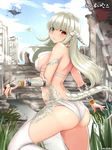  artist_name ass au_ra back bangs bikini blue_sky blunt_bangs blush bracelet breasts cloud cloudy_sky day dragon_horns dragon_tail earrings eyebrows eyebrows_visible_through_hair final_fantasy final_fantasy_xiv grass green_eyes heterochromia horns jewelry knee_up long_hair looking_back medium_breasts outdoors parted_lips red_eyes ring scales shaojiang shiny shiny_hair sideboob silver_hair sky solo swimsuit tail teeth thighhighs thighs white_bikini white_legwear 
