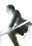  absurdres bandages black_hair blue_eyes dual_wielding hair_between_eyes highres holding holding_weapon looking_at_viewer ly male_focus noragami solo weapon white_background yato_(noragami) 