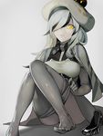  between_breasts breasts brown_eyes cape elbow_gloves eyebrows eyebrows_visible_through_hair eyes_visible_through_hair feet gloves grey_background grey_gloves grey_hair grey_legwear grey_skirt hair_over_one_eye hat highres kantai_collection lips long_hair looking_at_viewer medium_breasts open_mouth pale_skin pantyhose pantyhose_pull seaplane_tender_water_hime shadow shinkaisei-kan shoes_removed simple_background skirt solo walzrj 