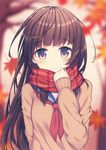  arm_behind_back autumn_leaves bare_tree blurry blush brown_eyes brown_hair depth_of_field eyebrows eyebrows_visible_through_hair hand_up holding_clothes kawami_nami long_hair looking_at_viewer neckerchief original plaid plaid_scarf scarf school_uniform serafuku sleeves_past_wrists solo sweater tree upper_body wavy_mouth 