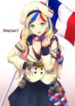  aqua_eyes beret blonde_hair blue_hair breasts cleavage commandant_teste_(kantai_collection) cuon_(kuon) france french french_flag gradient gradient_background hand_on_hip hat kantai_collection long_hair looking_at_viewer medium_breasts multicolored multicolored_clothes multicolored_hair multicolored_scarf red_hair scarf solo white_hair 