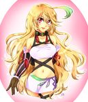  1girl ahoge bare_shoulders blonde_hair blush breasts choker elbow_gloves gloves midriff milla_maxwell multicolored_hair navel open_mouth pink_eyes skirt tales_of_(series) tales_of_xillia 