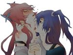  blue_eyes blue_hair blush closed_eyes hair_ornament hickey hug interlocked_fingers kaede_(soul-red-7) kazanari_tsubasa licking long_hair maria_cadenzavna_eve multiple_girls pink_hair senki_zesshou_symphogear yuri 