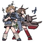  2girls aircraft airplane black_shirt blue_eyes brown_hair flight_deck gloves grey_neckwear gun hairband headgear intrepid_(kantai_collection) kantai_collection m1903_springfield machinery miniskirt multiple_girls mutsu_(kantai_collection) ponytail radio_antenna red_legwear rifle rigging rudder_footwear shirt short_hair skirt terrajin weapon white_gloves world_war_ii 