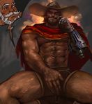  2boys abs bara blush cigar cowboy grin groping hat male_focus mccree_(overwatch) multiple_boys muscle overwatch pecs reinhardt_(overwatch) sitting smile smirk smoking underwear undressing yaoi 