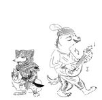  anthro bard canine charlie_(weaver) clothed clothing dagger duo eyes_closed fan_character fantasy feathers female foot_wraps fox hat hyena lute male mammal melee_weapon nobody_(artist) ozzy_(weaver) pack_street striped_hyena thief weapon wraps 