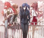  amou_kanade back blue_eyes blue_hair brown_hair expressionless hair_ornament hair_over_eyes kazanari_tsubasa long_hair maria_cadenzavna_eve multiple_girls one_side_up pink_hair railing red_hair rhapsode school_uniform senki_zesshou_symphogear serena_cadenzavna_eve siblings sisters smile 