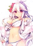  :o ahoge bikini breasts cleavage dress_shirt eyebrows eyebrows_visible_through_hair flower granblue_fantasy hair_between_eyes hair_flower hair_ornament hand_up hibiscus large_breasts long_hair looking_at_viewer nanamomo_rio navel open_clothes open_mouth red_eyes red_flower shirt simple_background solo swimsuit white_background white_bikini white_hair white_shirt zooey_(granblue_fantasy) 