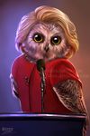  2016 4steex avian beak bird blonde_hair feral hair hillary_clinton mic owl red_shirt standing wings 