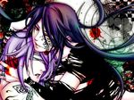  2boys black_hair blindfolded blood kamui_gakupo long_hair male_focus mizuki_ryou_(holic) multiple_boys paranoid_doll_(vocaloid) purple_hair red_eyes smile splatter tattoo vocaloid 