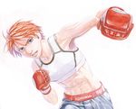  abs all_rounder_meguru black_eyes endo_hiroki gloves highres kamiya_maki midriff mixed_martial_arts muscle muscular_female official_art red_hair resized short_hair shorts simple_background solo tank_top upscaled waifu2x white_background 