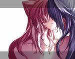  blue_hair couple hand_on_shoulder imminent_kiss kazanari_tsubasa long_hair maria_cadenzavna_eve multiple_girls nude pink_hair rhapsode senki_zesshou_symphogear tears yuri 