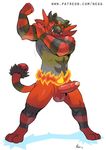  2016 3_toes anthro athletic balls biceps black_fur black_tail digital_media_(artwork) digitigrade erection feline flexing front_view full-length_portrait fur green_eyes grey_fur humanoid_penis incineroar looking_at_viewer male mammal multicolored_fur negger nude partially_retracted_foreskin penis portrait red_balls red_fur red_nose red_penis red_tail shadow signature simple_background smile smirk solo standing tail_tuft teeth toes tuft tusks two_tone_tail uncut url white_background yellow_sclera 