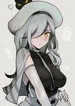  1girl beret blush breasts capelet embarrassed from_side hair_ornament hair_over_one_eye hat kantai_collection long_hair looking_at_viewer medium_breasts seaplane_tender_water_hime shinkaisei-kan solo spoken_ellipsis upper_body walzrj white_hair white_hat white_skin yellow_eyes 