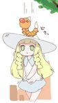  bangs bare_arms blonde_hair blunt_bangs braid collared_dress commentary dress gen_1_pokemon green_eyes hat lillie_(pokemon) long_hair mato_tsuyoi parody pokemon pokemon_(creature) pokemon_(game) pokemon_sm sleeveless sleeveless_dress solo sun_hat sundress twin_braids weedle white_dress white_hat 