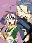  1boy 1girl amy_barklight apron blue_eyes blue_hair brother_and_sister chester_barklight hair_ornament knife onion open_mouth purple_background purple_eyes purple_hair tales_of_(series) tales_of_phantasia twintails 
