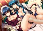  bangs belt black_neckwear blue_bra blue_eyes blue_hair blue_panties bra breast_hold breasts choker cleavage closed_mouth collarbone commentary_request crossed_legs demon_girl demon_tail demon_wings dutch_angle fishnet_legwear fishnets folded_ponytail frilled_choker frilled_sleeves frills garter_straps groin isekai_de_miryou_cheat_wo_tsukatte_dorei_harem_wo_tsukuttemita juliet_sleeves kneehighs lace lace-trimmed_bra large_breasts long_sleeves looking_at_viewer loose_belt maid_headdress miniskirt mole mole_under_eye moneti_(daifuku) multiple_girls navel necktie on_bed panties pantyshot pantyshot_(sitting) parted_lips puffy_sleeves purple_skirt red_eyes short_hair side-tie_panties sidelocks single_kneehigh sitting skirt skirt_set smile tail thighs underwear white_panties white_skirt wings 