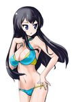 adjusting_clothes adjusting_swimsuit aegis_(nerocc) bikini black_hair blue_eyes breasts cleavage eclair_(girls_und_panzer) girls_und_panzer girls_und_panzer_gekitou!_maginot-sen_desu!! hand_on_hip large_breasts long_hair looking_to_the_side multicolored multicolored_bikini multicolored_clothes parted_lips solo standing swimsuit 