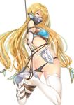  arms_behind_back ass bangs bdsm blonde_hair blue_eyes bondage bound bound_arms bound_wrists breast_bondage covered_mouth cyoppu detached_sleeves ejaeli_(granblue_fantasy) elbow_gloves entangled from_behind gloves granblue_fantasy high_heels long_hair looking_at_viewer mask midriff panties panty_pull rope shibari solo swept_bangs thighhighs thighs underwear white_gloves white_legwear 