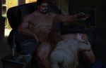  2boys abs bara bottle cigar couch drunk fellatio food foot male_focus mccree_(overwatch) multiple_boys muscle nude overwatch pecs reaper_(overwatch) sitting sucking yaoi 
