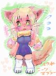  1girl artist_request blonde_hair cat copyright_request furry open_mouth scarf school_swimsuit short_hair stocking translation_request 