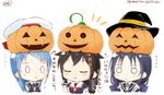  3girls =_= ahoge bare_shoulders beret blue_hair blush blush_stickers braid chibi closed_eyes directional_arrow elbow_gloves fingerless_gloves gloves gradient_hair hair_flaps hair_ornament hair_ribbon halloween hat highres jack-o'-lantern kantai_collection long_hair low_twintails mae_(maesanpicture) multicolored_hair multiple_girls necktie numbered o_o open_mouth pointing pointing_up pumpkin pumpkin_hat purple_ribbon remodel_(kantai_collection) ribbon sailor_collar samidare_(kantai_collection) school_uniform serafuku shigure_(kantai_collection) single_braid suzukaze_(kantai_collection) translated twintails twitter_username wavy_mouth witch_hat 