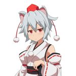 animal_ears bare_shoulders cato_(monocatienus) detached_sleeves eyebrows eyebrows_visible_through_hair frown grey_hair hat inubashiri_momiji kourindou_tengu_costume looking_at_viewer pom_pom_(clothes) red_eyes ribbon-trimmed_sleeves ribbon_trim short_hair simple_background solo tokin_hat touhou upper_body white_background wolf_ears 