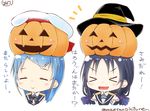  &gt;_&lt; :&gt; beret blue_hair blush blush_stickers chibi closed_eyes elbow_gloves gloves gradient_hair hair_ribbon halloween hat jack-o'-lantern kantai_collection long_hair low_twintails mae_(maesanpicture) multicolored_hair multiple_girls numbered open_mouth pumpkin pumpkin_hat ribbon sailor_collar samidare_(kantai_collection) smile suzukaze_(kantai_collection) translated twintails twitter_username witch_hat 