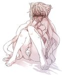  barefoot blush highres legs long_hair maria_cadenzavna_eve masturbation monochrome pussy pussy_juice rhapsode senki_zesshou_symphogear sitting solo 