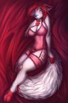  2016 anthro bangs basque blue_eyes blue_nose blush breasts canine cleavage clothed clothing elocin female fluffy fluffy_tail fox fuf fur garter garter_straps hair lingerie looking_at_viewer mammal markings pinup pose red_fur red_hair red_markings shy signature simple_background solo white_fur 