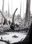  acrylic_paint_(medium) anachronism backlighting brachiosaurus building dinosaur fallen_tree fern forest giant_tree greyscale ground_vehicle highres lake military military_vehicle monochrome motor_vehicle nature nib_pen_(medium) no_humans original overgrown palm_tree ruins scenery tank traditional_media tree tree_stump water wreckage yakisoba_monster 