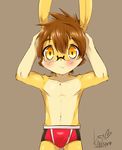  blush briefs brown_hair bulge clothing cub eyewear glasses hair hand_on_head lagomorph looking_at_viewer male mammal navel orange_eyes rabbit rabbitdx26 simple_background solo standing tan_hair underwear young 