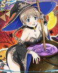  blue_eyes blush breasts card_(medium) cauldron cleavage halloween hat jewelry large_breasts lynette_bishop official_art panties ponytail pumpkin solo strike_witches tree underwear white_panties witch witch_hat world_witches_series 