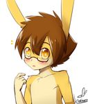  5_fingers brown_hair bust_portrait clothed clothing eyewear glasses hair lagomorph looking_at_viewer mammal open_mouth portrait rabbit rabbitdx26 simple_background standing topless young 
