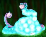  2016 ambiguous_gender belly big_belly blue_scales dargons drooling egg fangs feral grass hyper hyper_belly neck_bulge nude open_mouth outside purple_eyes purple_scales reptile saliva scales scalie snake solo vore 