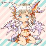  bikini blonde_hair blue_eyes blush chibi dragon_girl dragon_horns dragon_tail dragon_wings horns marshmallow_mille myr_(p&amp;d) puzzle_&amp;_dragons short_hair side-tie_bikini smile solo swimsuit tail wings 