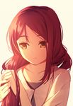  adjusting_hair alternate_hairstyle bangs blouse collarbone commentary layered_clothing light_frown long_hair looking_to_the_side love_live! love_live!_sunshine!! nagareboshi pensive red_hair sakurauchi_riko shade solo sunlight sunset twilight upper_body yellow_eyes 