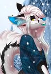  2016 anthro blue_fur blue_nose canine clothed clothing ear_piercing eyelashes female fur gradiewoof hair mammal outside piercing smile solo white_hair wolf yellow_eyes 